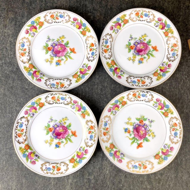 Six vintage Noritake Dresdena salad plates from the 1930s. White plates with gold band around the rims and around the...