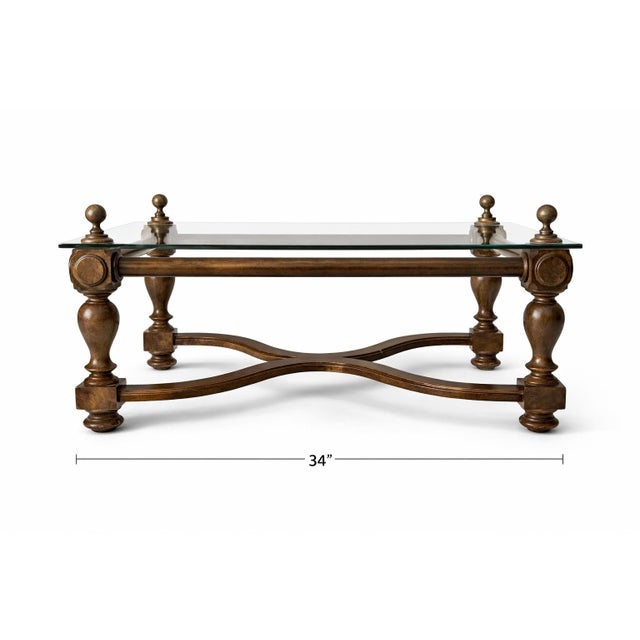 Wood Neoclassical Style Solid Wood & ½” Beveled Glass Coffee Table With Brass Finials, Late 20th Century For Sale - Image 7 of 9