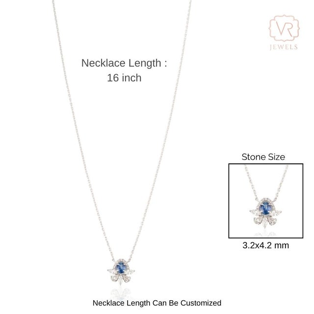 Vintage-Inspired Blue Sapphire & Diamond Floral Pendant Necklace 14k White Gold For Sale - Image 10 of 14