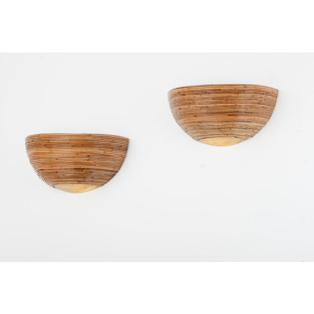 Mid-Century Modern Pair of Brass & Organic Rattan Reed Half Dome Wall Sconces For Sale - Image 3 of 5