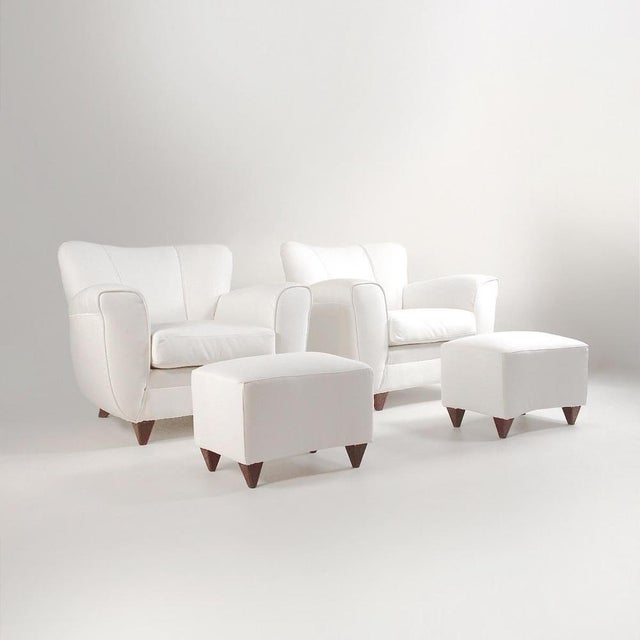 Set of Italian Armchair and Ottoman in White Fabric, Italy, 1940s For Sale - Image 4 of 17