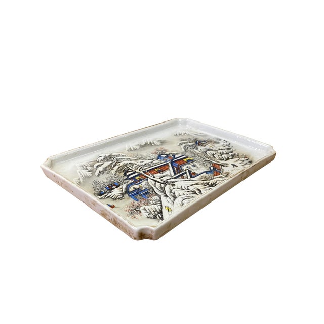 Asian Distressed Off White Porcelain Snow Trees House Rectangular Display Plate For Sale - Image 3 of 6