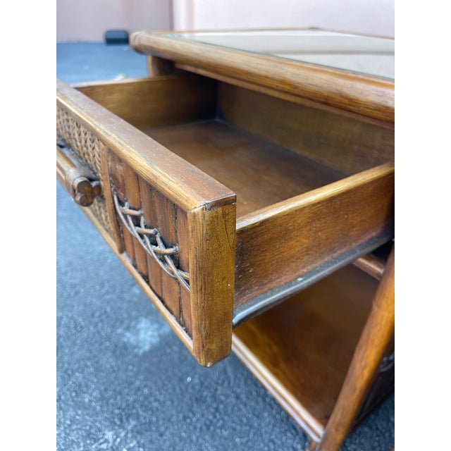 Vintage Coastal Rattan & Carved Wood Nightstands With Glass Tops – Pair For Sale - Image 9 of 11