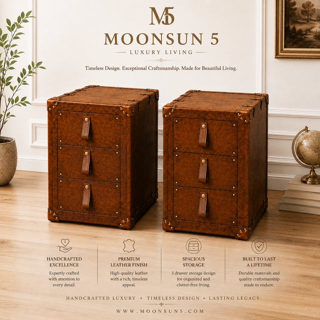 Luxury Leather Dark Brown Nightstand Pair, Handmade Vintage Style Trunk Bedside Tables, Leather 3 Drawer Cabinet, Brass Studded Bedroom Storage For Sale - Image 6 of 15