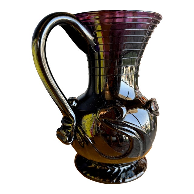Vintage Liberty Craftworks Black Amethyst Glass Lily Pad Pitcher Garrett Vilicich Signed For Sale