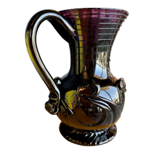 Vintage Liberty Craftworks Black Amethyst Glass Lily Pad Pitcher Garrett Vilicich Signed