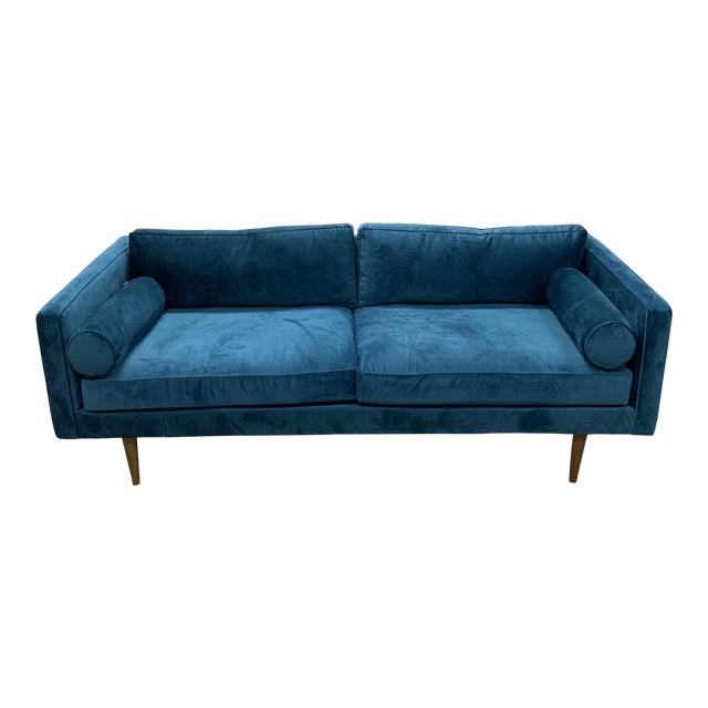 Modern West Elm Mid Century Style Teal Velvet Sofa Chairish