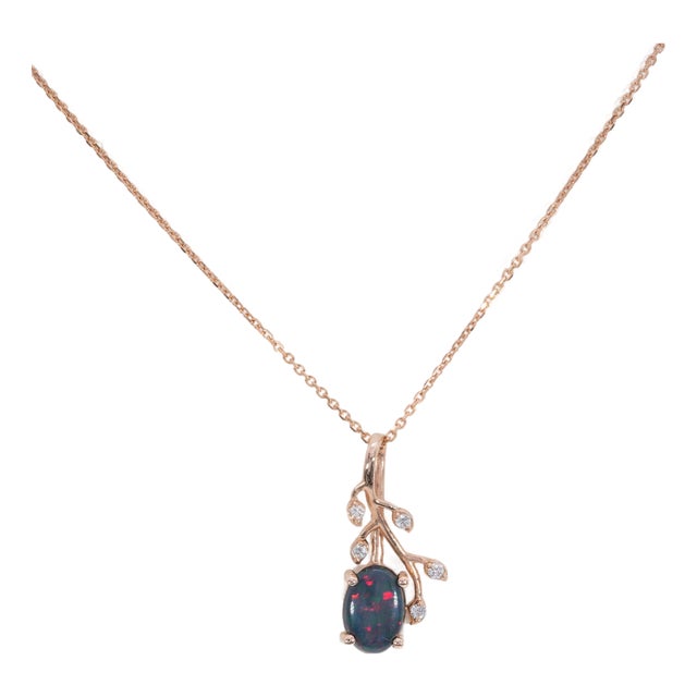 1Ct Black Opal Pendant With Earth-Mined Diamond Accents: Solid 14k Gold, 9x6mm For Sale