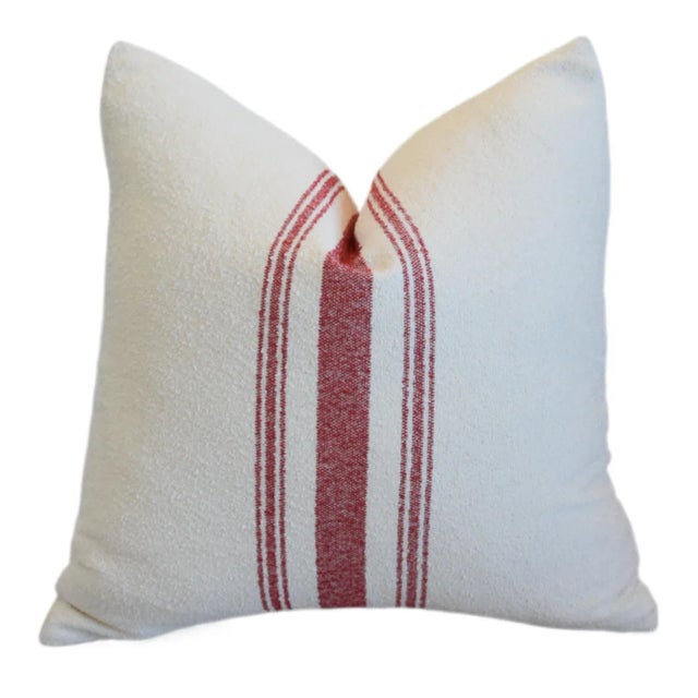 2020s French Red Striped Grain Sack Fabric Feather/Down Pillow For Sale - Image 5 of 7