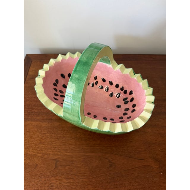 Vintage Ceramic Watermelon Basket Serving Bowl With Handle | Hand-Painted Mid-Century Summer Entertaining Fruit Basket For Sale - Image 9 of 9