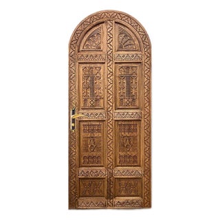 Hand-Carved Solid Wood Arched Door – Tribal Geometric Mediterranean Design For Sale