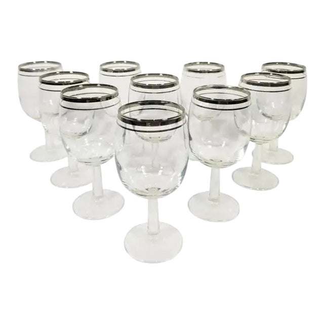 1960s Mid-Century Silver Rimmed Stemware Wine Glasses- Set of 10 For Sale