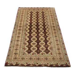 Turkmen Rug 4’2” X 6’4” Ivory Wool Vintage Tribal Hand-Knotted Carpet For Sale