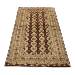 Turkmen Rug 4’2” X 6’4” Ivory Wool Vintage Tribal Hand-Knotted Carpet