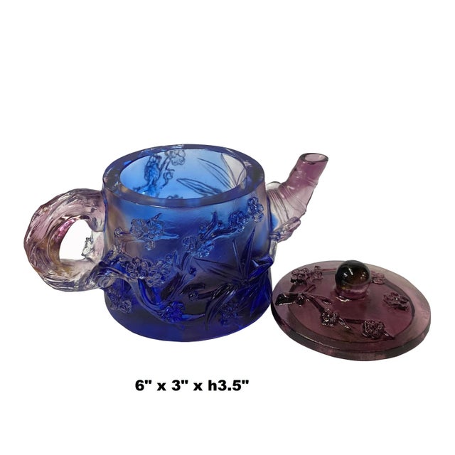 Handmade quality multi-color liuli glass flower bamboo theme teapot shape Display figure. Liu Li (crystal glass) is made...