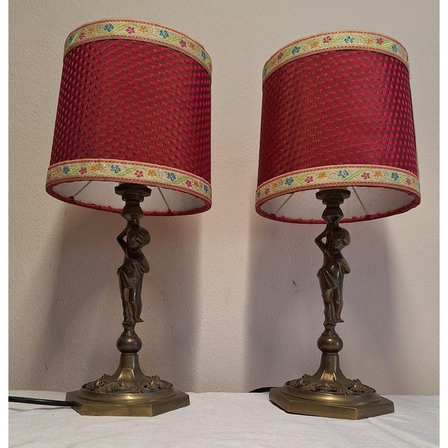 Goldenrod Vintage Table Lamps with Figurative Brass Base and Handmade Fabric Shade, 1960s, Set of 2 For Sale - Image 8 of 12