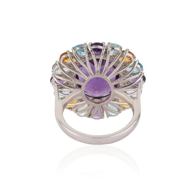 Handcrafted 15.5Ct Aquamarine & Blue Topaz Silver Ring With Amethyst and Citrine Accents - Size 6 For Sale - Image 4 of 15