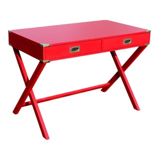1970s Campaign Desk in "Lipstick" Red & Brass Hardware For Sale