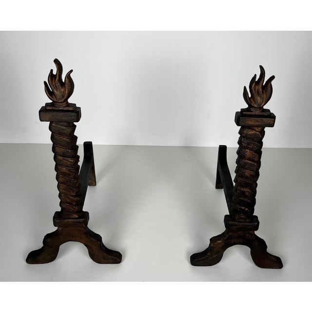 Gilbert Poillerat Pair of cast iron and wrought iron firedogs, flame-gilded, in the style of Gilbert Poillerat For Sale - Image 4 of 12