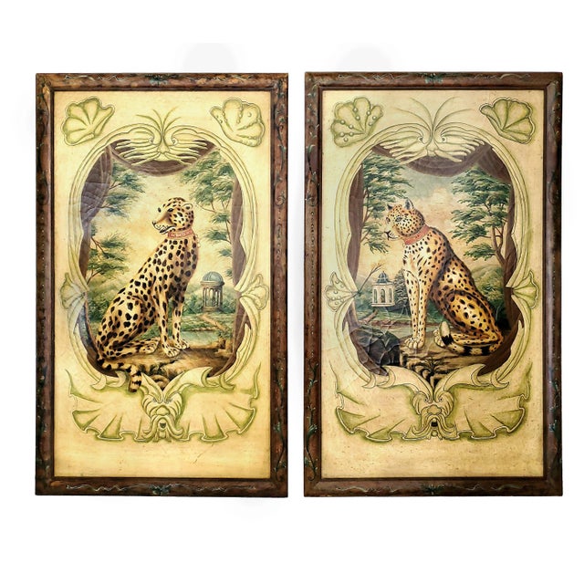 Offering an EXTRA-LARGE pair of Trompe l'Oeil leopard and cheetah paintings done in the style of William Skilling, circa...