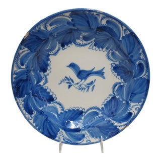 Spanish Faience Antique 19thc Blue & White Bird Earthenware Pottery Plate For Sale