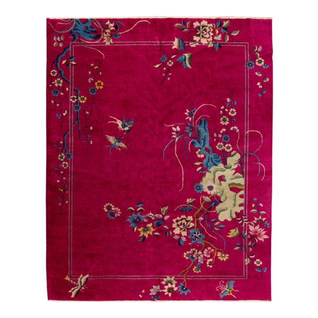 Antique Art Deco Chinese Red Wool Rug 9 Ft 2 in X 11 Ft 6 In. For Sale