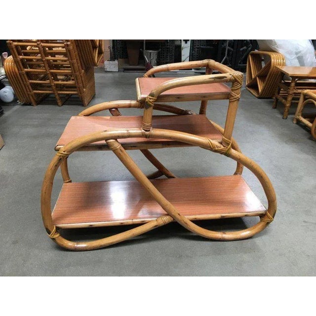1950s 1950s Restored 3/4 Pretzel Rattan Three-Tier Side Table, Pair For Sale - Image 5 of 13