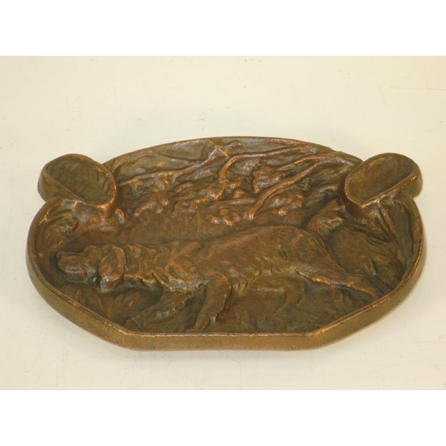 ANTIQUE ASHTRAY ART PLAQUE SOLID BRONZE, HUNTING DOG TOBACCO FISHING SPORT HUN For Sale - Image 6 of 7
