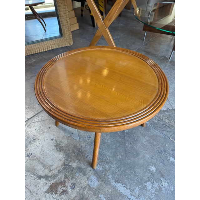 Italian Round Wood Side Table With Curved Four-Leg Base For Sale - Image 9 of 9
