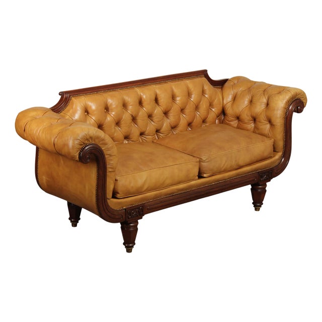 Antique English Regency Mahogany and Tufted Leather Sofa For Sale