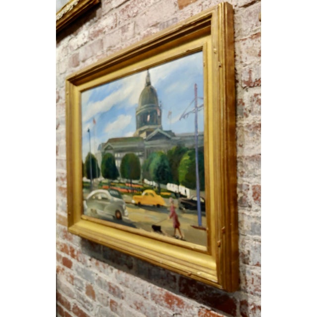 Blue Victor Arnautoff -Woman Walking Her Dog in 1948 Downtown San Francisco-Oil Painting For Sale - Image 8 of 11