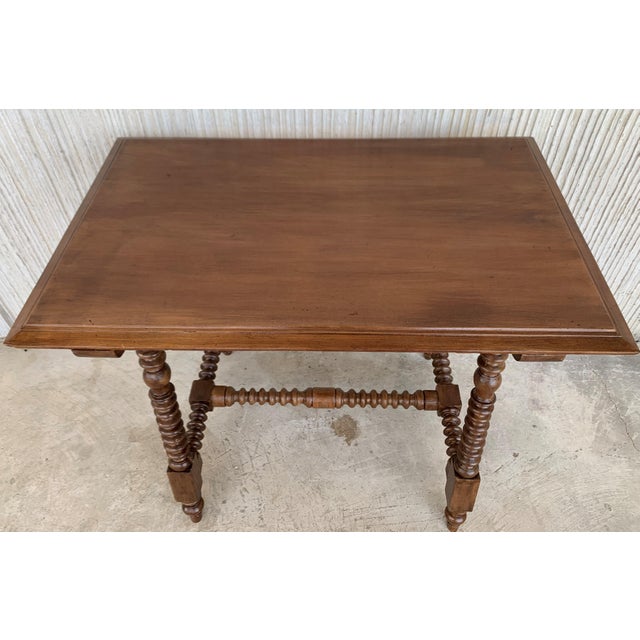 19th Spanish Baroque Side Table With Wood Stretcher and Carved Top in Walnut For Sale - Image 9 of 13