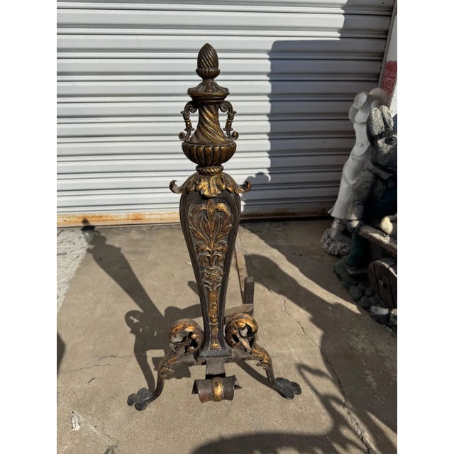 Pair of Early 19th Century Italian Gilt Wrought Iron Acanthus Andirons For Sale In Houston - Image 6 of 9