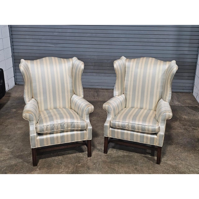 Store Item: Pair Mahogany Chippendale Style Armchairs Wing Chairs Blue Silk Striped Fabric Description: Chairs feature...