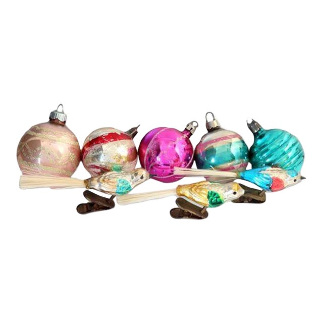 Set of Eight Midcentury Mercury Glass Christmas Ornaments For Sale