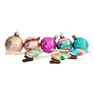 Set of Eight Midcentury Mercury Glass Christmas Ornaments