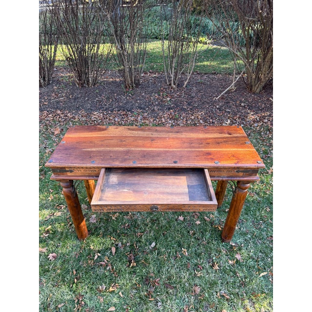 Indian Vintage Indian Carved Wooden Console Table With Nailhead Design and Baluster Legs For Sale - Image 3 of 15