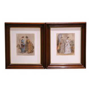 Pair 19th Century French Fashion Engravings in Walnut Frames For Sale