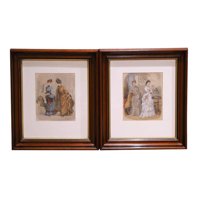 Pair 19th Century French Fashion Engravings in Walnut Frames For Sale