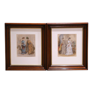 Pair 19th Century French Fashion Engravings in Walnut Frames