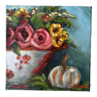 Chinosierie Turneen Painting With Autumn Roses, Sunflowers and Pumpkins, Thankful & Blessed by Artist Kristin Ashman For Sale