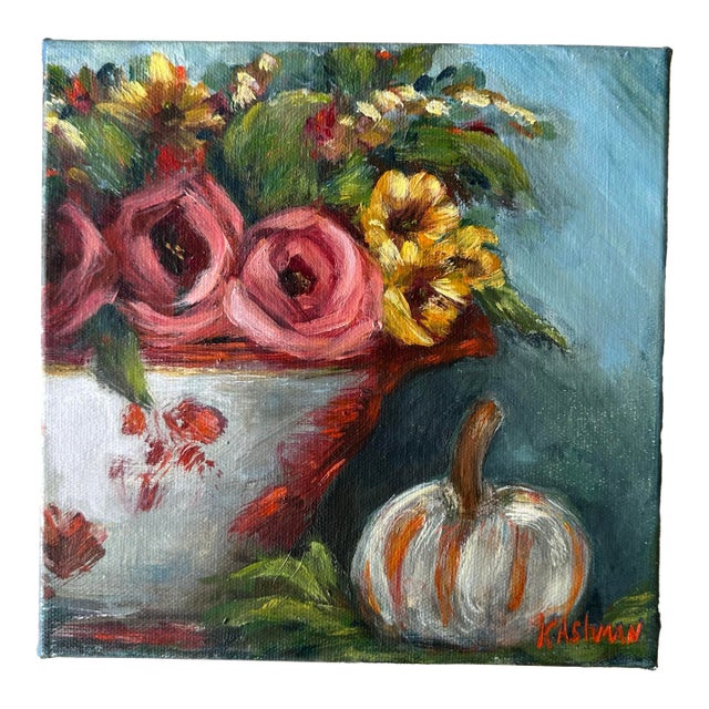 Chinosierie Turneen Painting With Autumn Roses, Sunflowers and Pumpkins, Thankful & Blessed by Artist Kristin Ashman For Sale