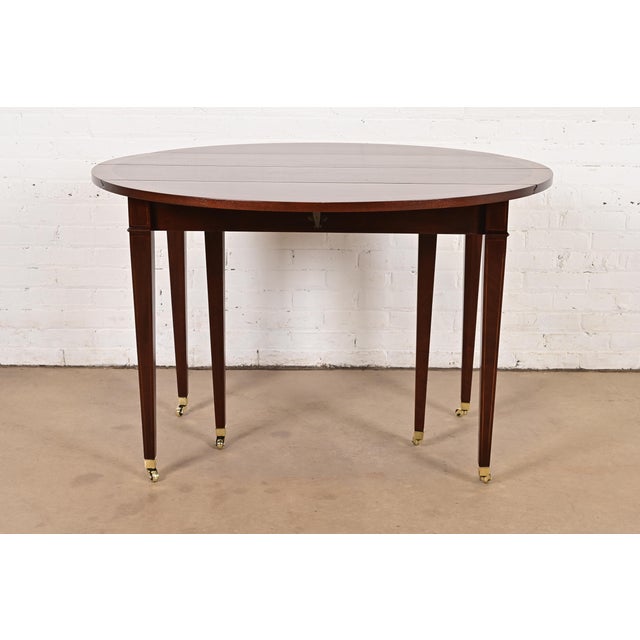 1980s Baker Furniture Federal Banded Mahogany Drop Leaf Dining or Breakfast Table, Newly Refinished For Sale - Image 5 of 13