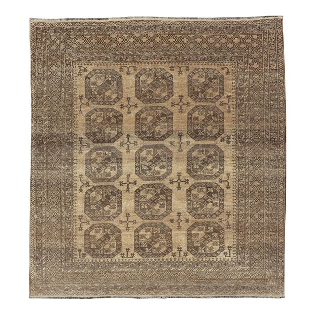 Vintage Turkomen Ersari Rug With Gul Design in Brown, Gray, Tan & Sand Colors 8'2 X 9'6 For Sale