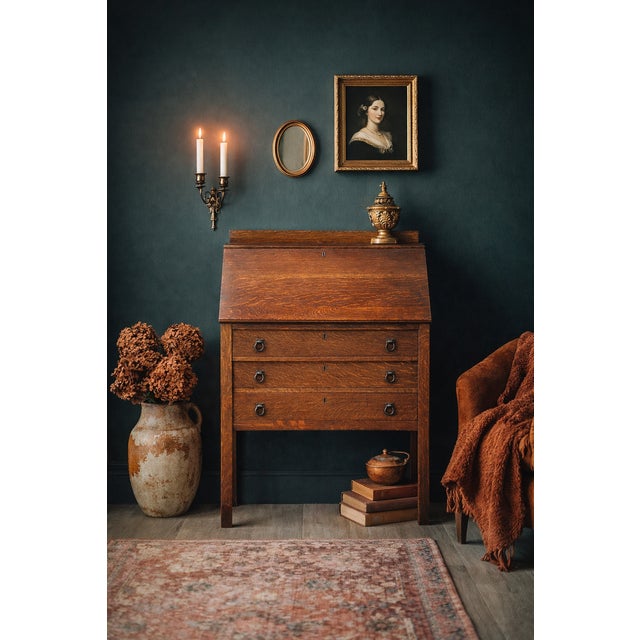 Antique Early 20th Century Quarter Sawn Oak Drop Front Secretary With Drawers - Solid Wood Accent Chest With Ring Pulls For Sale - Image 17 of 17