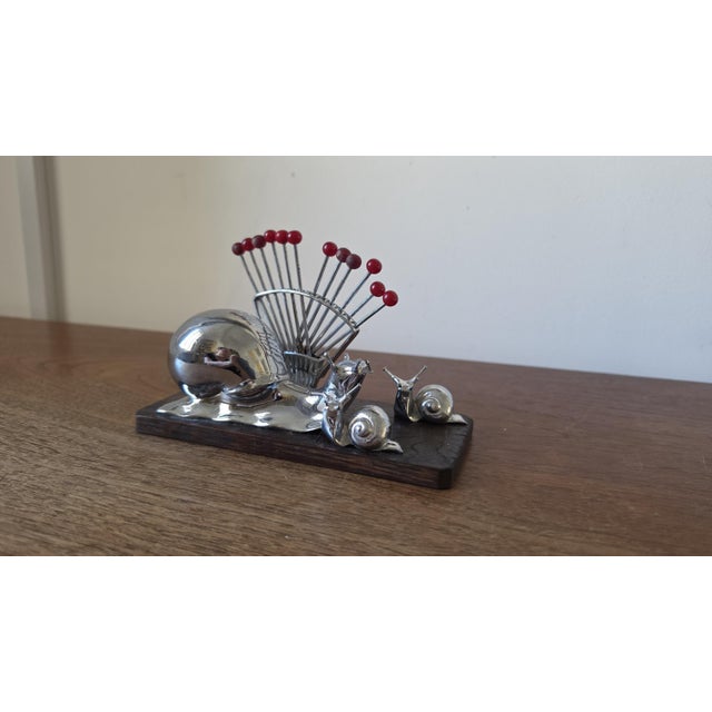 Contemporary Vintage Snail Cocktail Pick Holder Mid Century Barware Chrome Snail Toothpick Holder Atomic Era Martini Olive Picks For Sale - Image 3 of 9