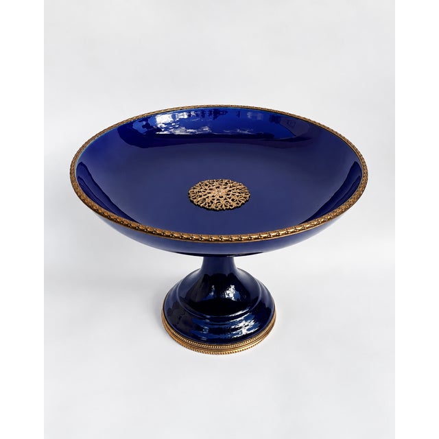 19th Century Sèvres French Cobalt Blue Porcelain Tazza with Gilt Metal Mounts, 1890s For Sale - Image 3 of 11
