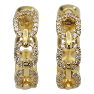 14k(585) Solid Yellow Gold Natural Diamond Link Chain Huggies Earrings, A Pair For Sale
