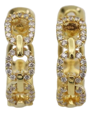 14k(585) Solid Yellow Gold Natural Diamond Link Chain Huggies Earrings, A Pair