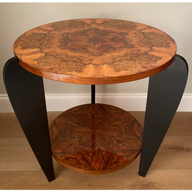 Art Deco French Art Deco Two-Tiered Gueridon Table Amboyna Wood & Black Lacquer For Sale - Image 3 of 7